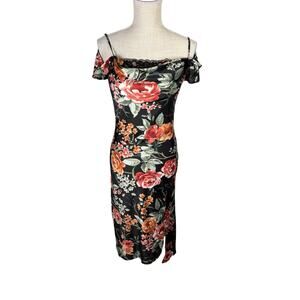 Romantic Floral Satin Midi Dress Off Shoulder Cowl Neck Medium Y2K Asymmetrical